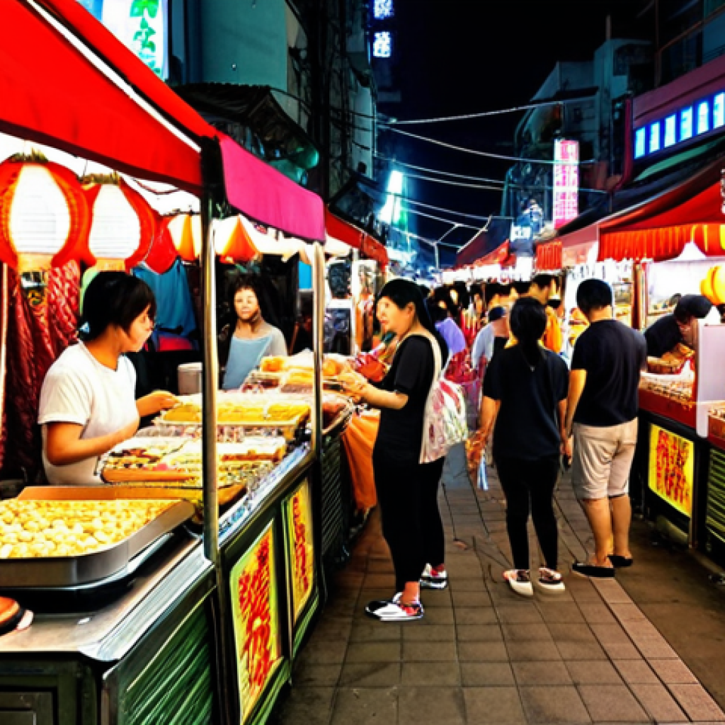 **Kaohsiung Night Market**: "A vibrant night market in Kaohsiung, filled with colorful stalls offering delicious street food and unique handicrafts. The atmosphere is lively with people laughing and chatting, illuminated by bright lights and decorations, showcasing local snacks and desserts."
