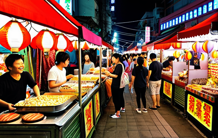 **Kaohsiung Night Market**: "A vibrant night market in Kaohsiung, filled with colorful stalls offering delicious street food and unique handicrafts. The atmosphere is lively with people laughing and chatting, illuminated by bright lights and decorations, showcasing local snacks and desserts."