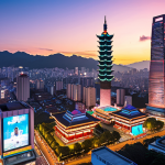 A dynamic, high-tech cityscape of Taipei at dusk, with sleek skyscrapers showcasing glowing architectural elements that subtly hint at advanced semiconductor and AI technologies. Traditional temple roofs and lanterns are integrated into the modern urban fabric, representing a harmonious blend of past and future. People interact with holographic interfaces and smart devices, embodying a vibrant innovation hub driven by youth and R&D. The scene exudes a forward-looking, technologically advanced, and prosperous atmosphere.
