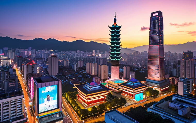 A dynamic, high-tech cityscape of Taipei at dusk, with sleek skyscrapers showcasing glowing architectural elements that subtly hint at advanced semiconductor and AI technologies. Traditional temple roofs and lanterns are integrated into the modern urban fabric, representing a harmonious blend of past and future. People interact with holographic interfaces and smart devices, embodying a vibrant innovation hub driven by youth and R&D. The scene exudes a forward-looking, technologically advanced, and prosperous atmosphere.